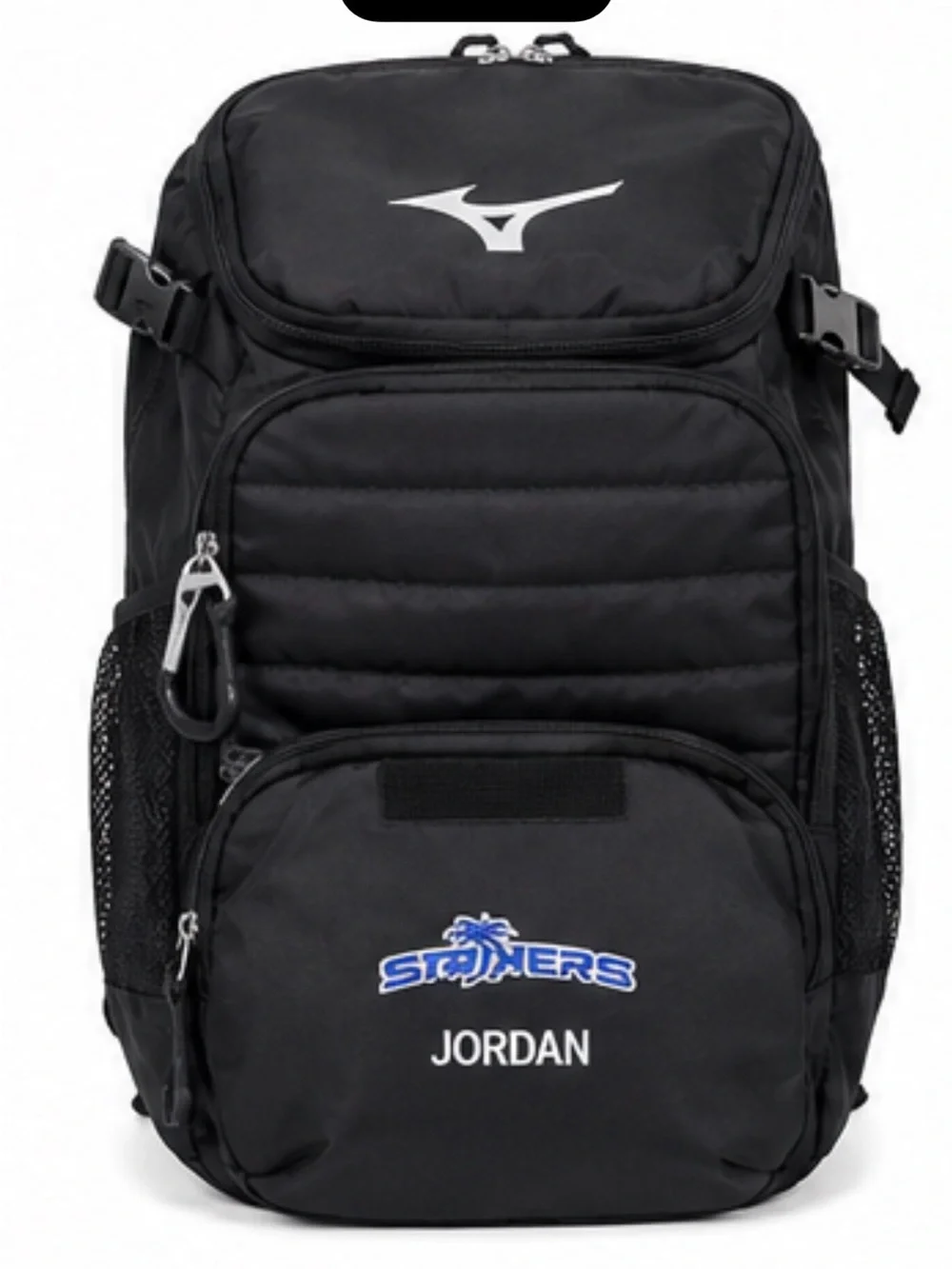 Mizuno Black Backpack with Blue Stoners Logo and White Name